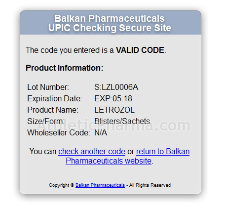 Оригинальный Letrozol (Balkan Pharmaceuticals) Проверка Летрозол (Балкан Фарма) с помощью кода
