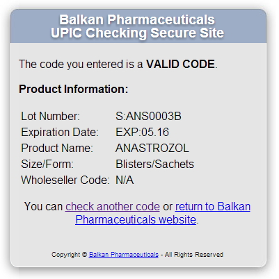 Оригинальный Anastrozol 1mg (Balkan Pharmaceuticals) Проверка Anastrozol 1mg (Balkan Pharmaceuticals) с помощью кода
