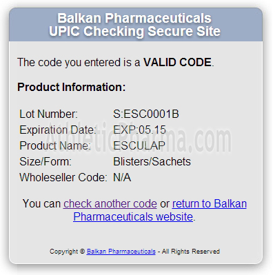Оригинальный Esculap (Balkan Pharmaceuticals) Проверка Эскулап (Балкан Фарма) с помощью кода